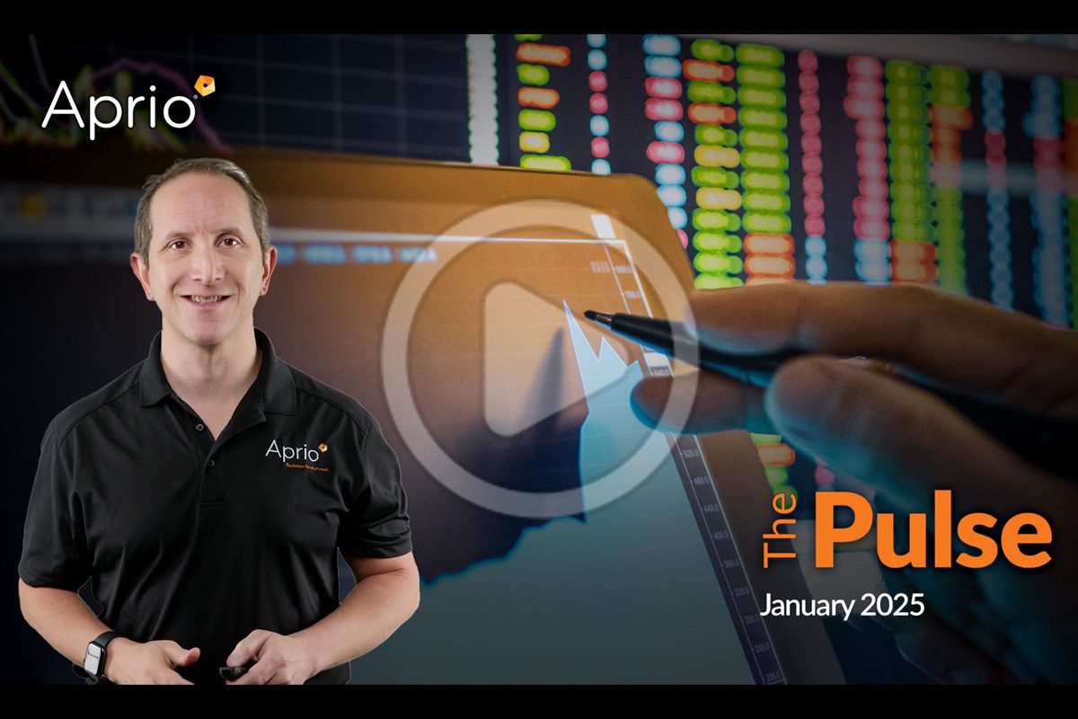 A man in an Aprio shirt stands in front of financial charts and graphs, with the text Aprio The Pulse January 2025 displayed.