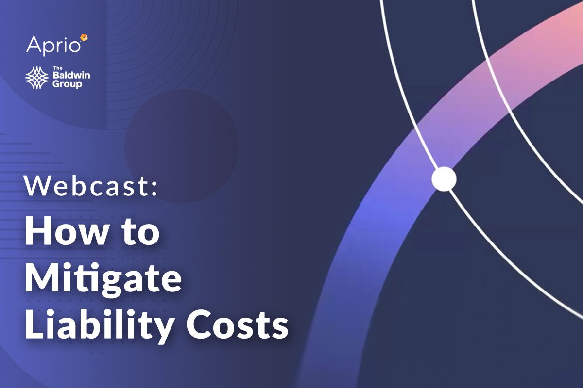 Webcast promotional graphic featuring the text “How to Mitigate Liability Costs” with logos for Aprio and The Baldwin Group on a blue and purple abstract background.