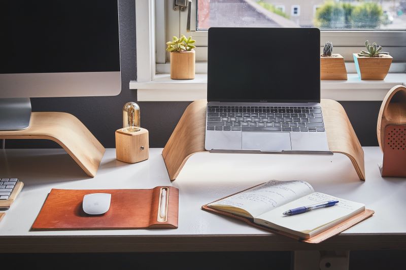 A modern workspace with a laptop on a wooden stand, an open notebook with a pen, a mouse on a pad, and several potted succulents by a window.