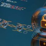 Illustration of a digital lock and interconnected computer chips with code on a blue background, representing cybersecurity and technology.