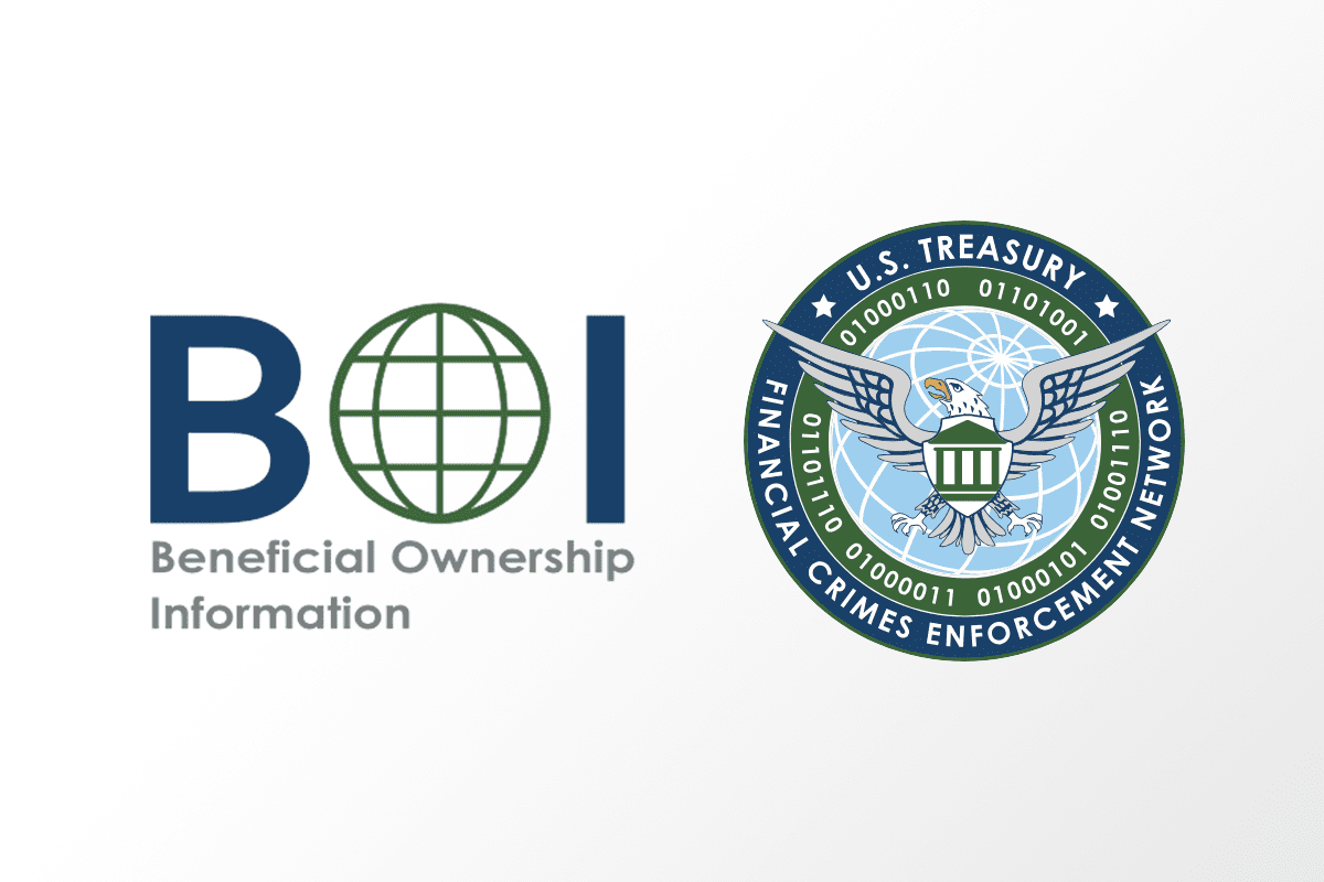 BOI Beneficial Ownership Information text and logo on the left; U.S. Treasury Financial Crimes Enforcement Network seal on the right.