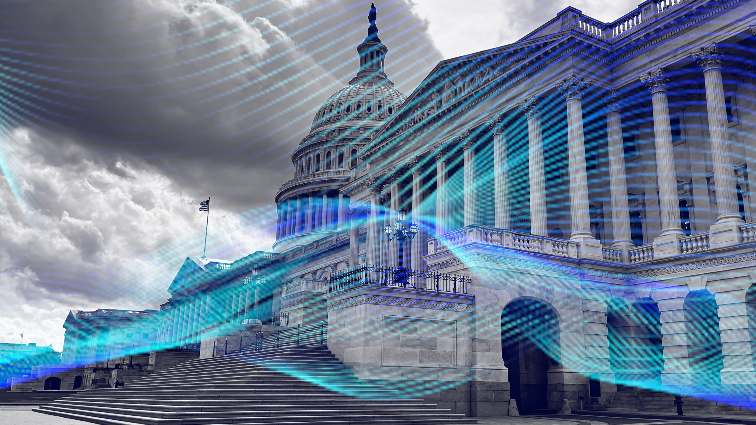The U.S. Capitol building with digital blue lines overlaying the image, suggesting a combination of government and technology themes under a cloudy sky.