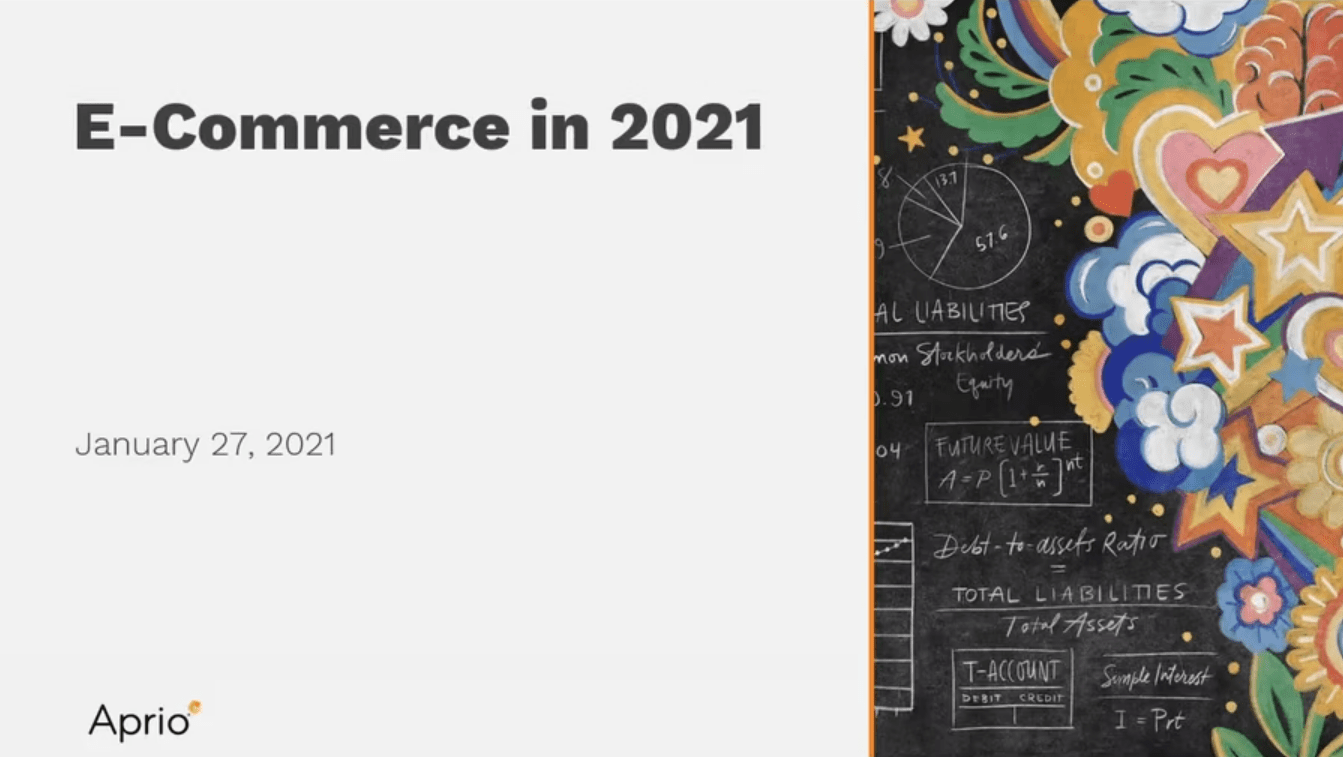 Presentation slide titled E-Commerce in 2021 dated January 27, 2021, with colorful designs and charts on the right, and the Aprio logo at the bottom left.