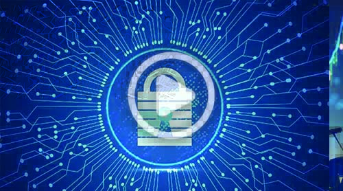 A digital padlock icon is centered over a blue circuit board background, symbolizing cybersecurity or digital protection.