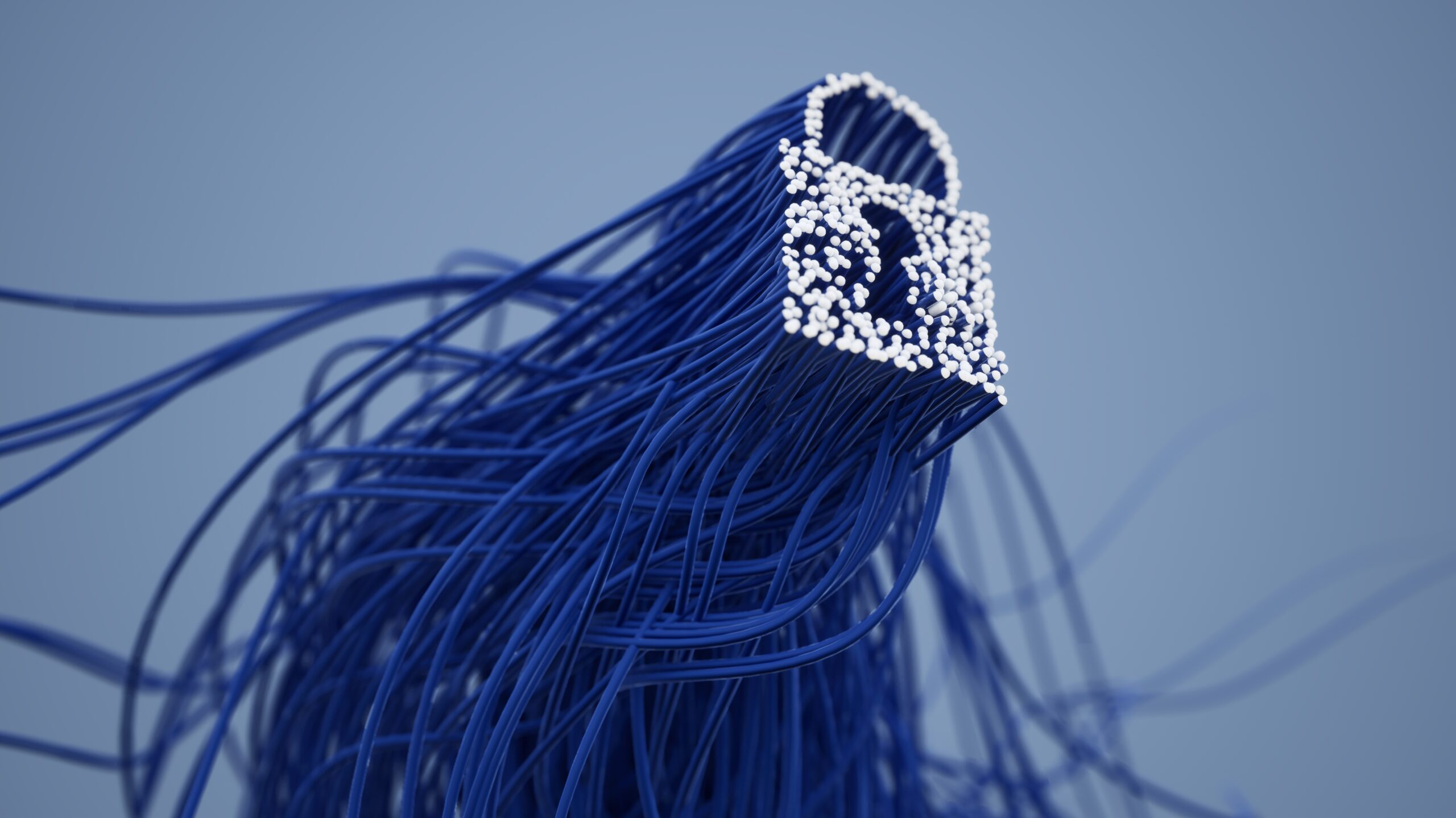 A padlock made of small white spheres is attached to flowing blue cables against a plain blue background, symbolizing cybersecurity or data protection.