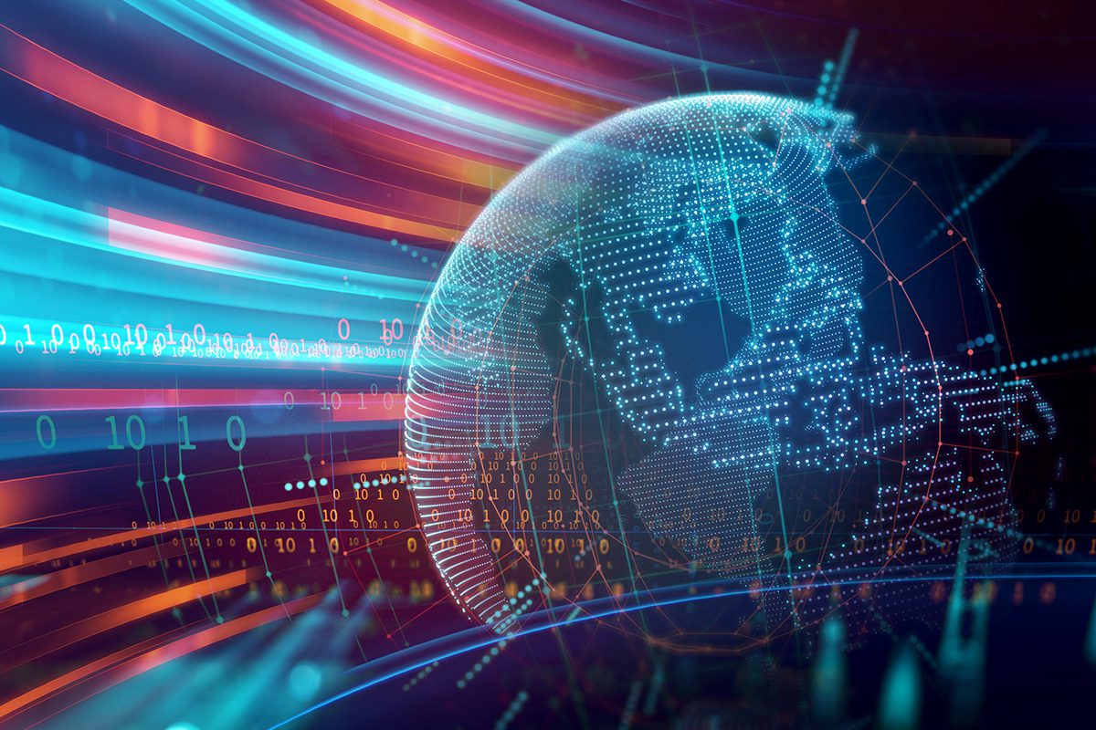 A digital globe with binary code overlays and colorful light streaks, representing global data flow and technology.