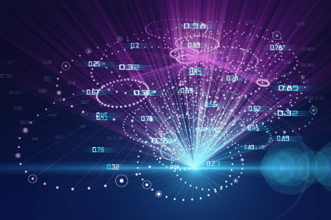 Abstract digital illustration of interconnected data points, numbers, and lines radiating from a central glowing source on a dark blue and purple background.