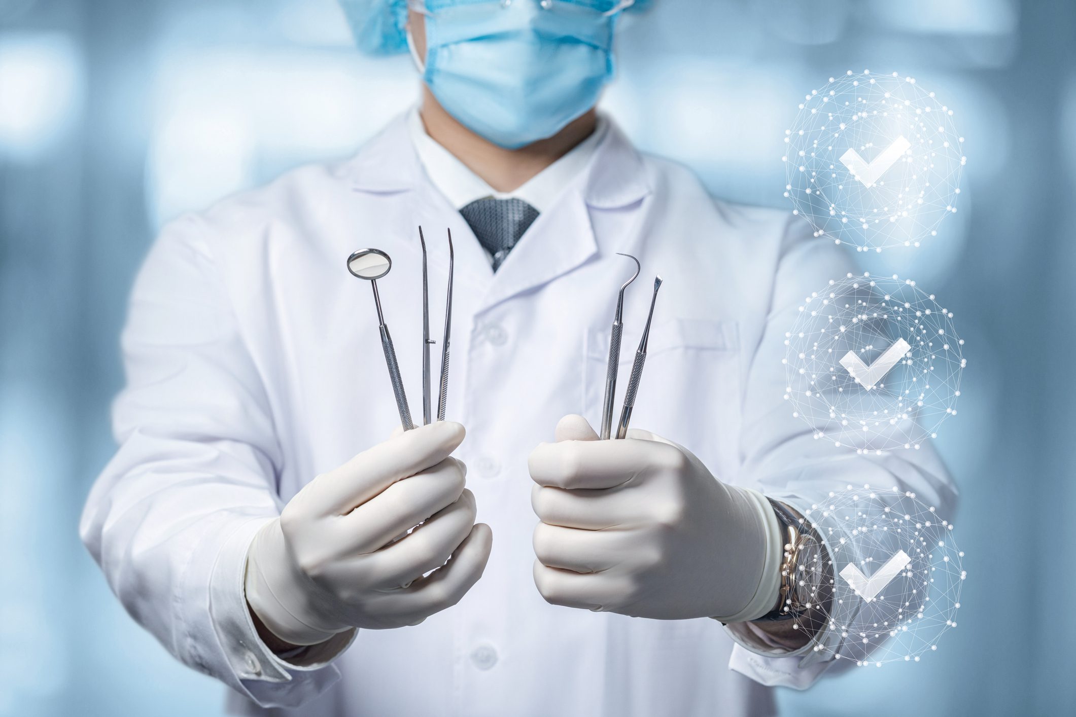 A dentist in protective gear holds dental tools with three digital checkmark icons displayed on the right side.