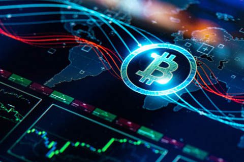 Digital graphic featuring a glowing Bitcoin symbol over a world map, with various financial charts and data lines in the background.