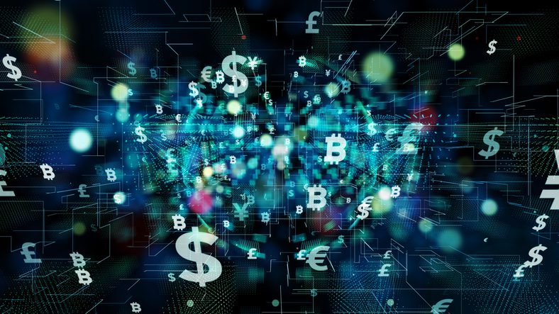 Abstract digital image with floating currency symbols including dollar, euro, pound, and bitcoin on a blue and black background with scattered light effects.