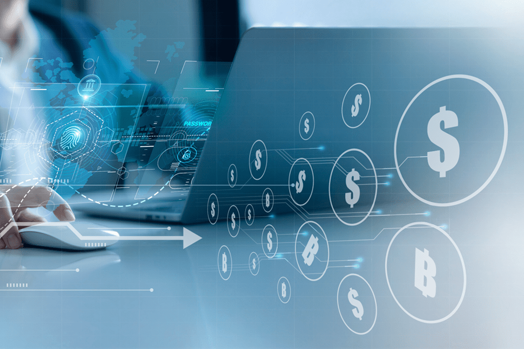 Person using a laptop and mouse, with digital graphics of dollar symbols and financial technology icons overlaying the image.