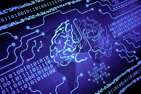 Digital illustration of a brain overlaid on a circuit board with binary code, representing artificial intelligence and technology integration.