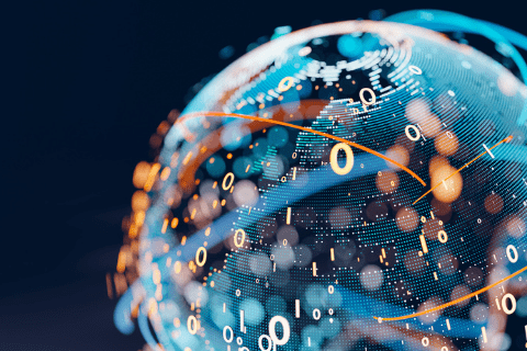 A digital globe with binary code and glowing lines illustrates data flow and global connectivity against a dark background.