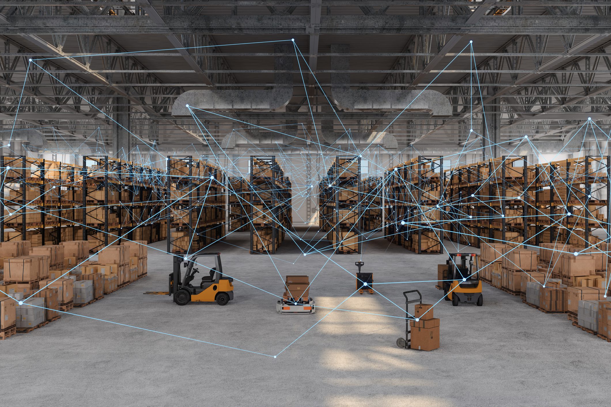 Large warehouse with shelves of boxes, forklifts, and warehouse robots; blue digital lines overlay the scene, representing warehouse automation and connectivity.