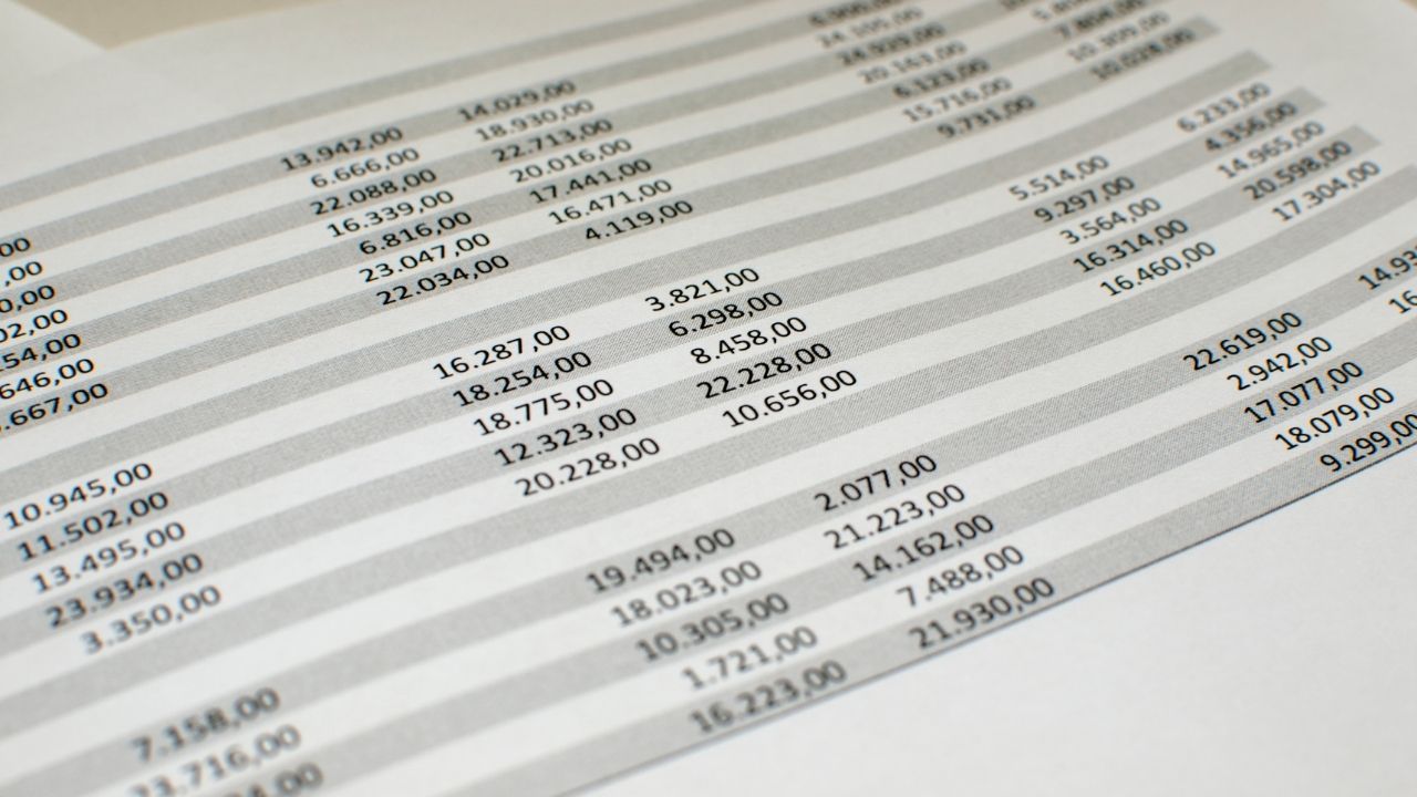 A close-up view of printed financial data or spreadsheet with rows and columns of numbers, separated by shaded lines.