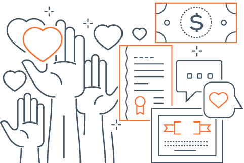Line art illustration of raised hands, hearts, speech bubbles, certificates, and money, symbolizing volunteering, recognition, communication, and funding.