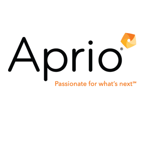 Aprio logo with tagline Passionate for whats next and an orange geometric icon above the letter i on a white background.