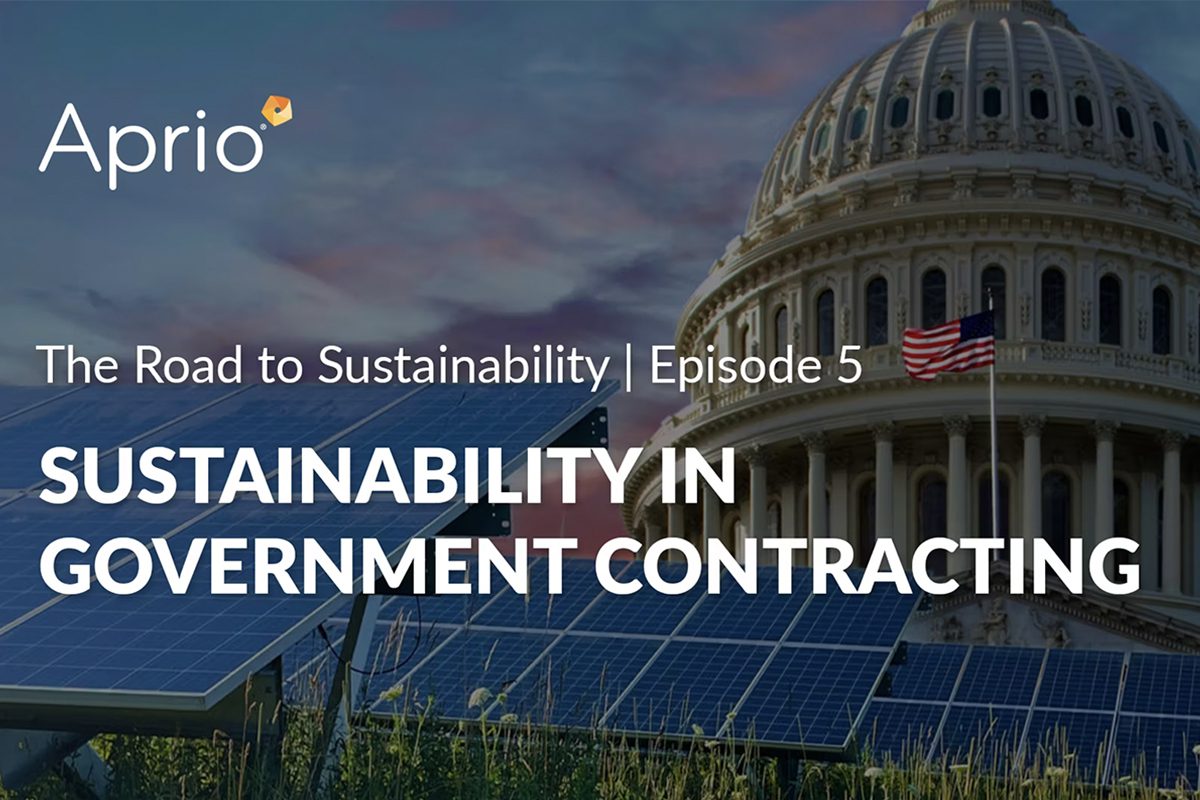 Solar panels in front of the U.S. Capitol with text promoting a sustainability in government contracting event by Aprio.