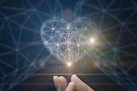A hand reaches toward a glowing, digital heart composed of interconnected lines and dots, set against a network-like background.