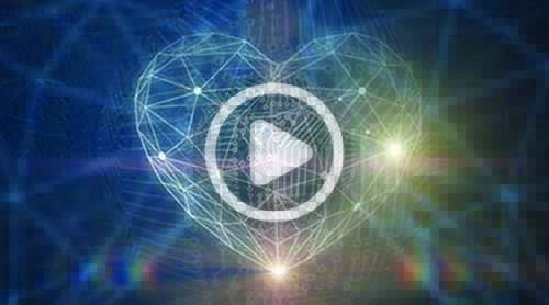 A geometric wireframe heart with glowing points is overlaid by a play button icon, set against a blue abstract background with light flares.