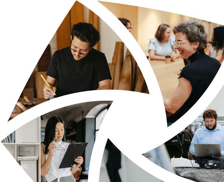 A collage of four people working in different office settings, including writing, discussing, checking a clipboard, and using a laptop.