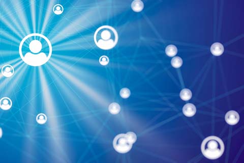 Abstract image of interconnected user icons on a blue background, representing a network or digital connections between people.