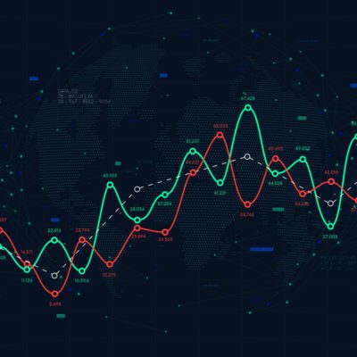 Digital illustration of red and green financial line graphs over a world map background, representing fluctuating market trends and data points.