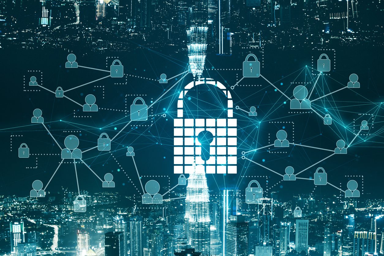 A digital padlock icon with network connections and locks overlays a cityscape, symbolizing cybersecurity and data protection in an urban environment.