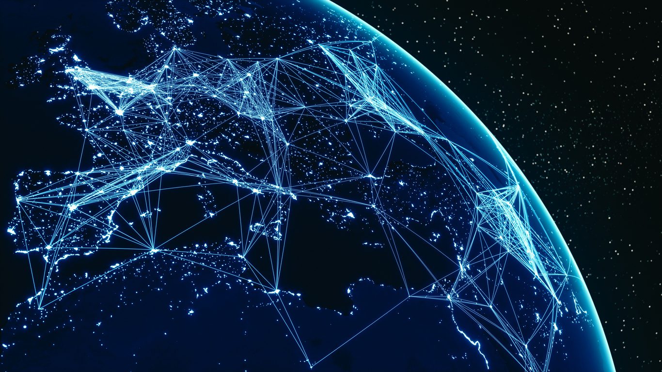 A digital rendering of Earth from space shows Europe and parts of Africa and Asia with interconnected glowing lines representing a network or data connections.