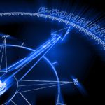 A glowing blue compass arrow points toward the word E-COMMERCE on a digital interface, symbolizing direction and focus in online business.