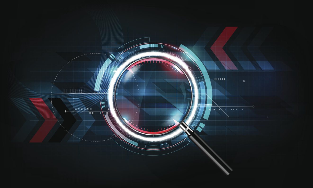 A digital illustration of a magnifying glass over a futuristic interface with geometric shapes, lines, and arrows on a dark background.