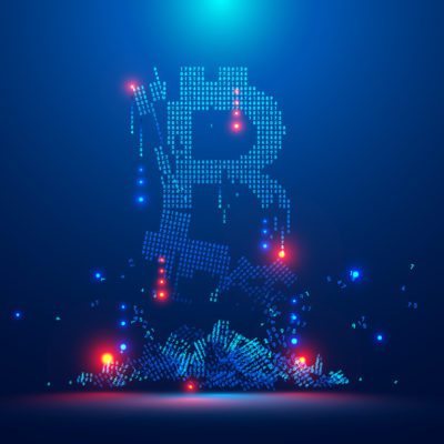 Digital illustration of a pixelated Bitcoin symbol in blue, illuminated with glowing red and blue dots, set against a dark background.