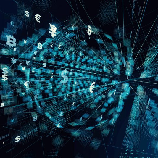 Digital illustration of various international currency symbols, such as dollar, euro, and yen, floating in a blue technological, grid-like abstract background.