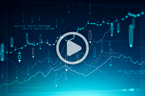 A digital interface showing various data graphs and charts with a play button overlay, representing data analysis or financial market trends.