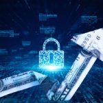 A digital padlock is surrounded by flying origami dollar bills, symbolizing cybersecurity in financial transactions on a digital background.