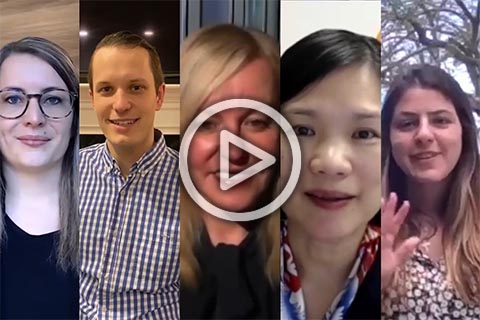 Five people appear in vertical panels, each facing the camera as if on a video call; a play icon is centered over the image.