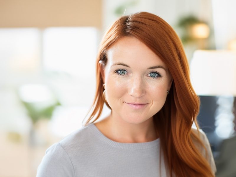 A woman with long red hair and light skin, wearing a light grey top, looks at the camera with a slight smile in a bright, indoor setting.