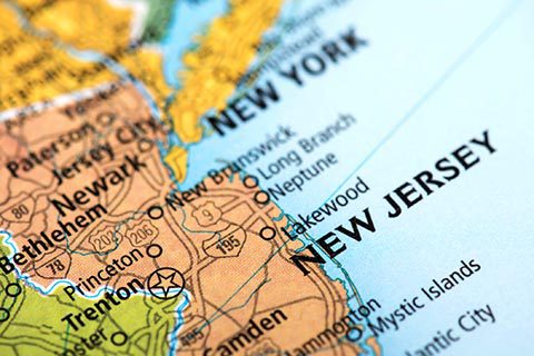 Close-up map showing parts of New Jersey and New York, highlighting cities such as Newark, Princeton, Camden, and coastal areas along the Atlantic Ocean.