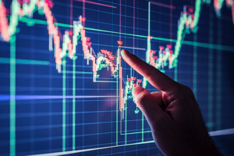 A hand points to a fluctuating financial chart with red and green candlesticks on a digital screen, displaying market trends and data analytics.