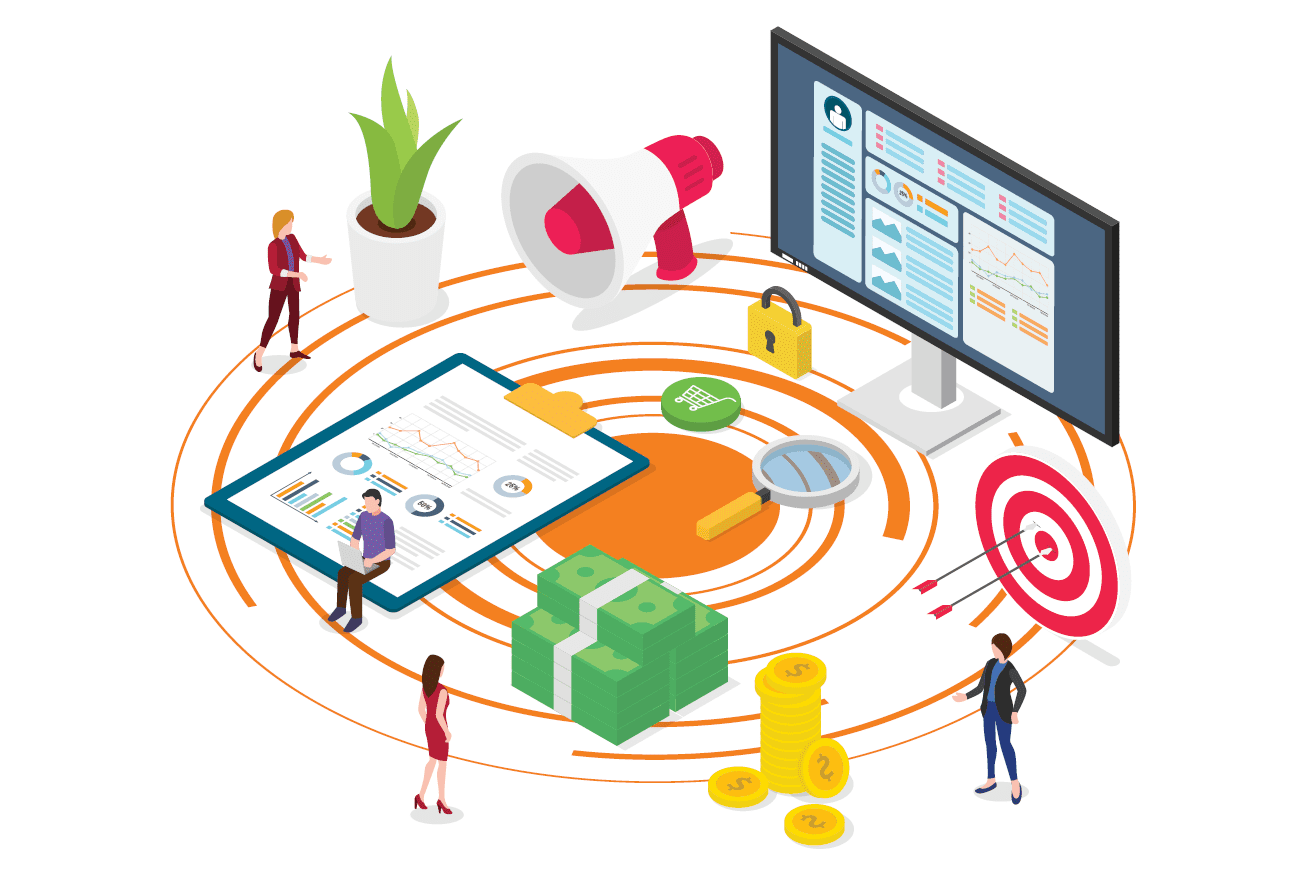 An isometric illustration of businesspeople, financial documents, cash, coins, a target, a computer monitor, and marketing icons representing business analysis and strategy.