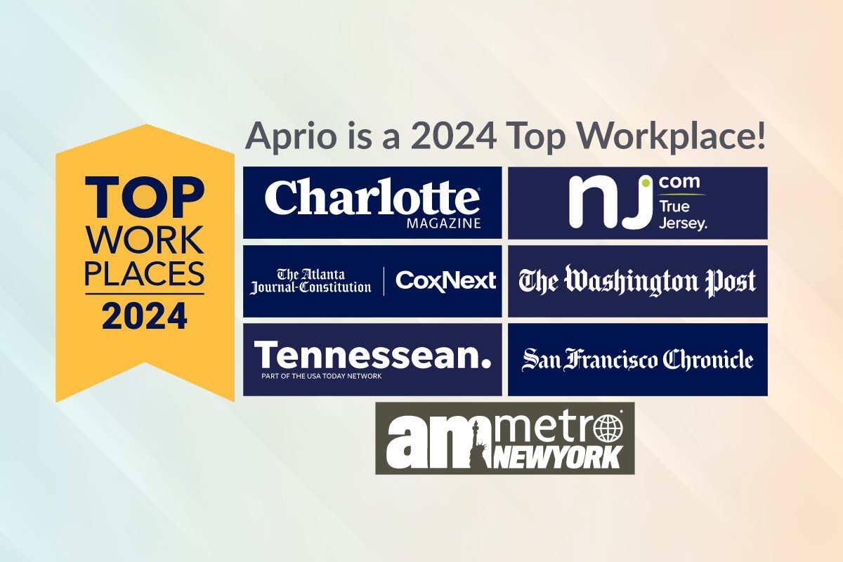A graphic announces Aprio as a 2024 Top Workplace, with logos of Charlotte Magazine, NJ.com, The Washington Post, and other media outlets displayed.