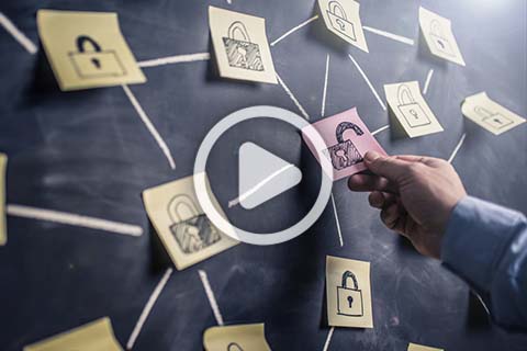 A hand places a sticky note with a padlock illustration on a chalkboard, among other similar notes connected by lines.