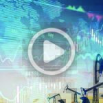 Overlay of stock market graphs and charts with oil pump jacks, symbolizing financial analysis and the energy industry, with a play button icon in the center.