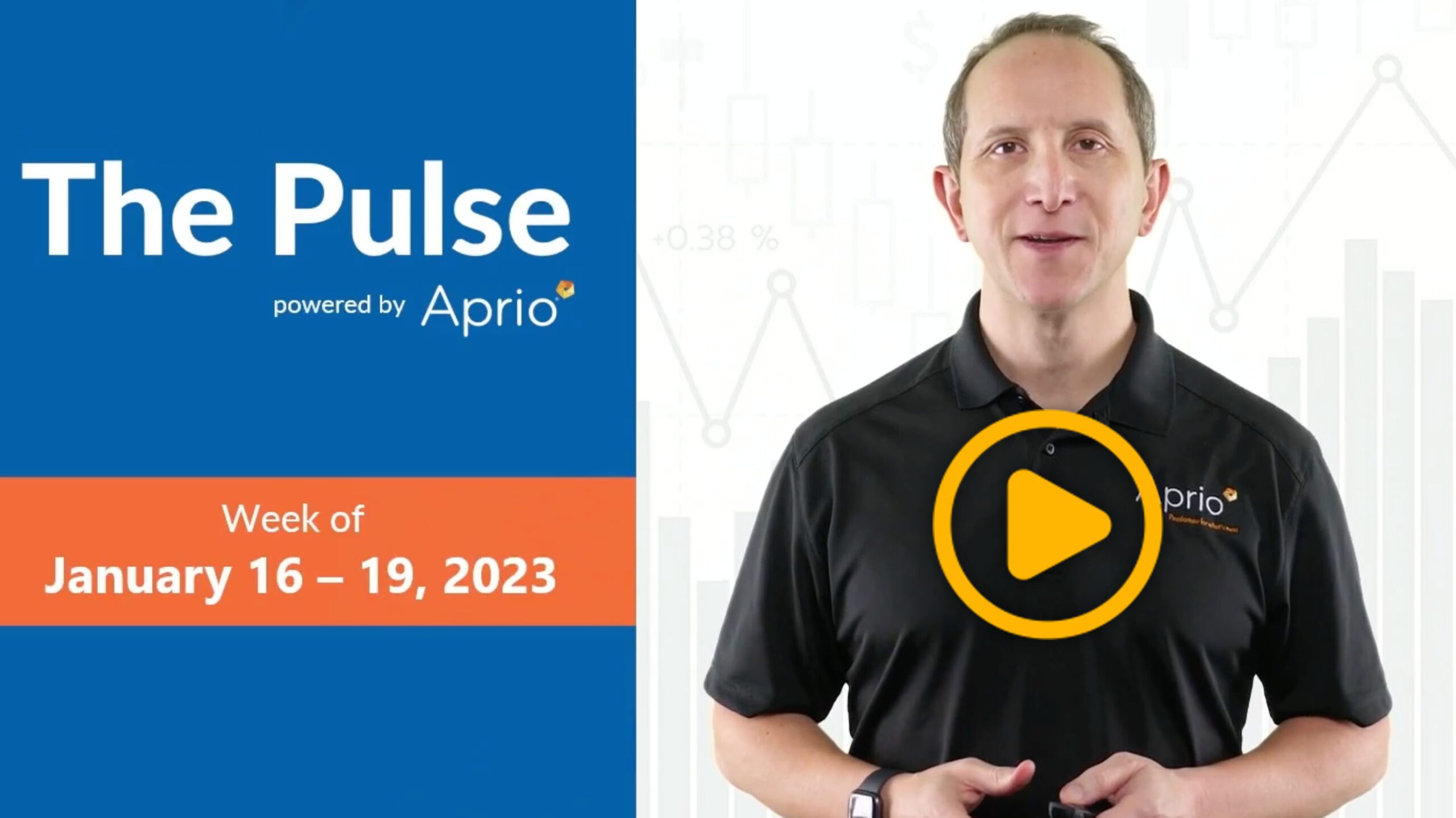 A man in a black Aprio polo stands beside a graphic for The Pulse dated January 16–19, 2023, with a play button over him.