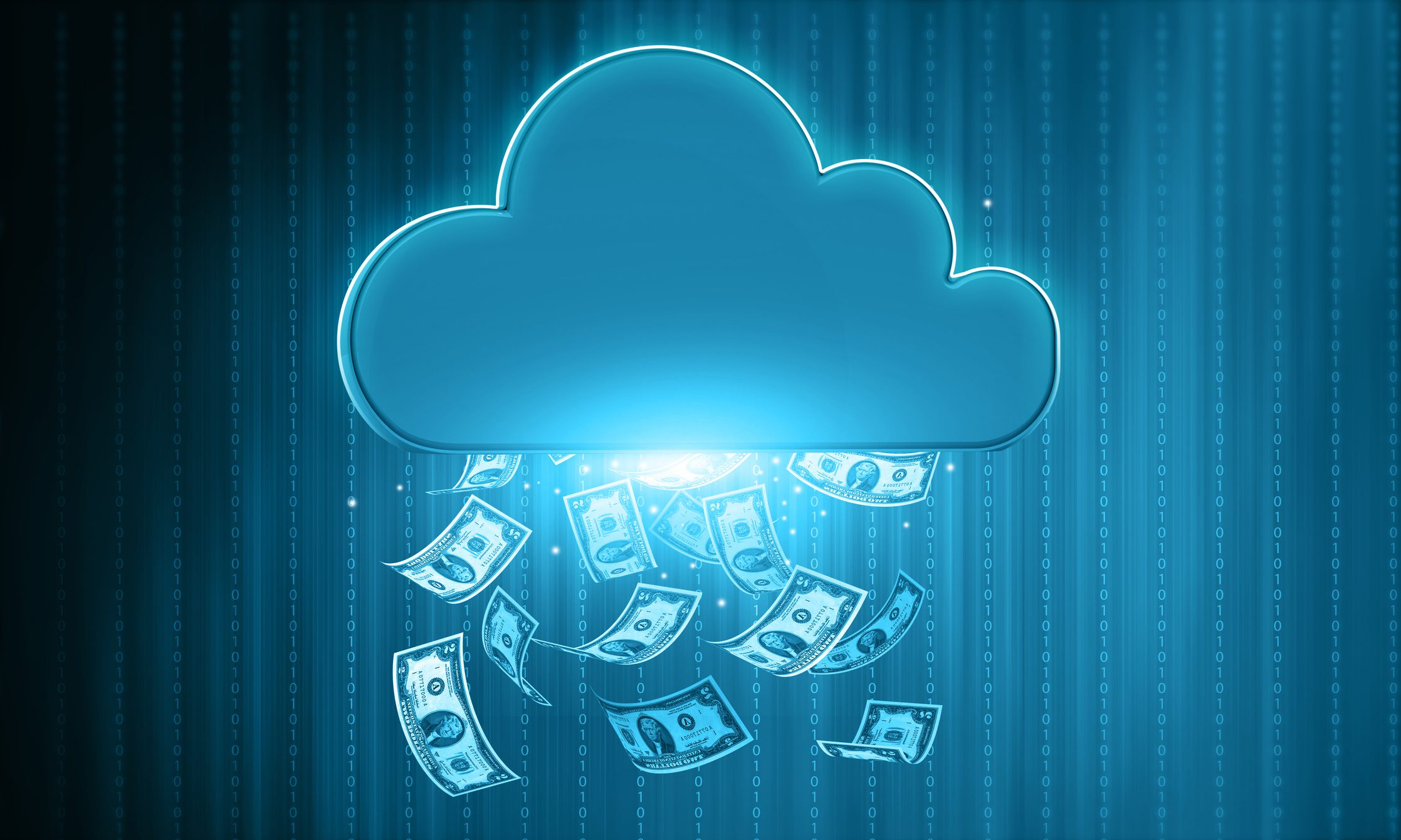 A glowing cloud icon emits floating dollar bills against a digital binary code background, symbolizing cloud computing and financial gain.