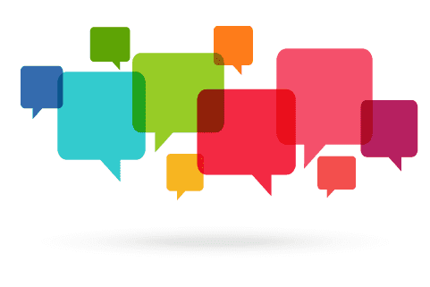 A collection of overlapping, multicolored speech bubbles on a white background, representing conversation or communication.