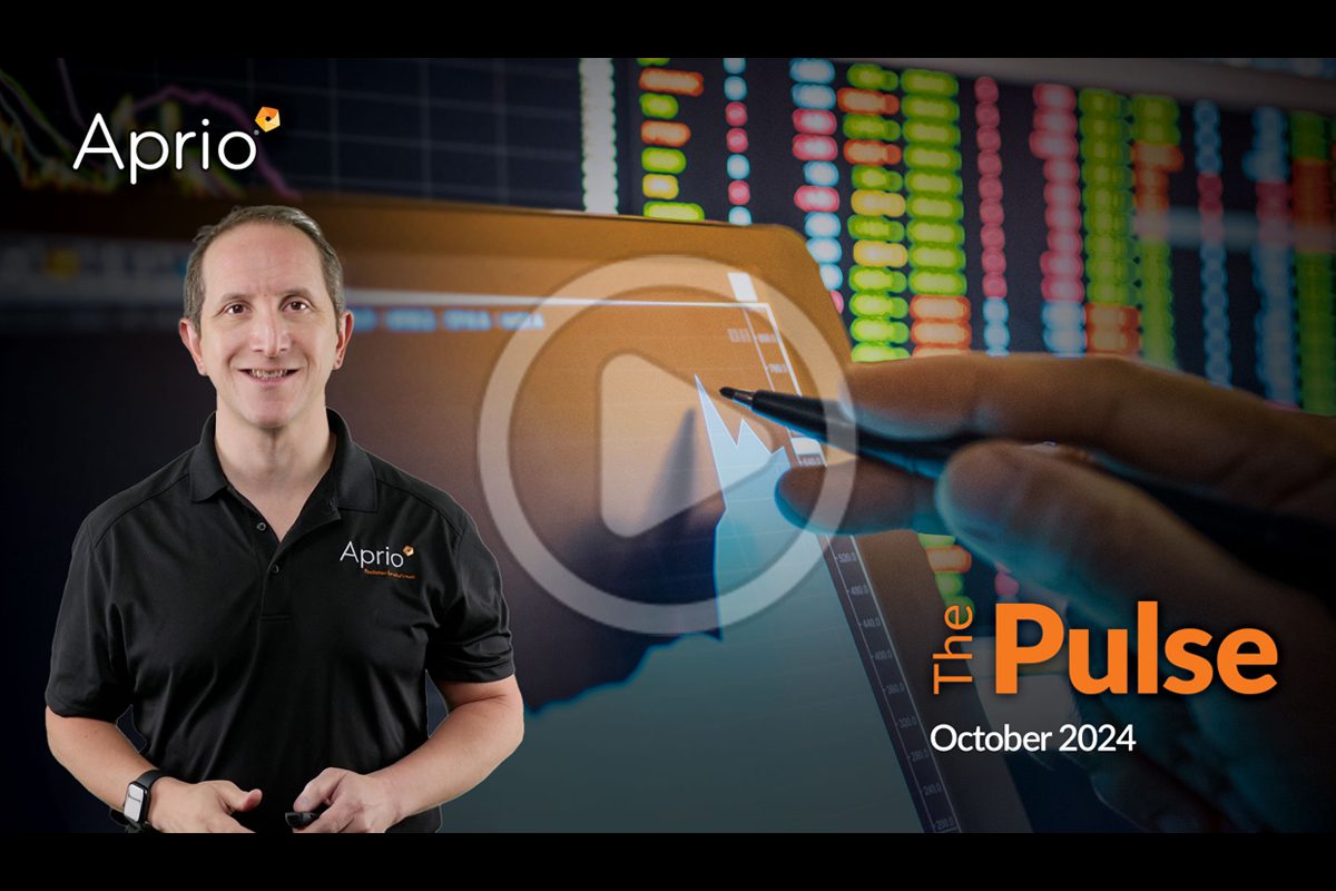 A man in an Aprio shirt stands in front of financial charts, with The Pulse October 2024 and a play button icon displayed on the image.