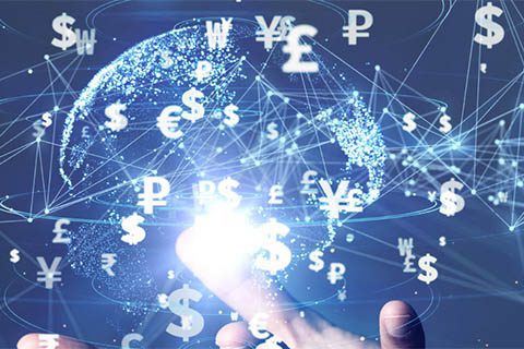 A hand touches a glowing digital globe surrounded by various currency symbols, with network lines connecting points around the world.