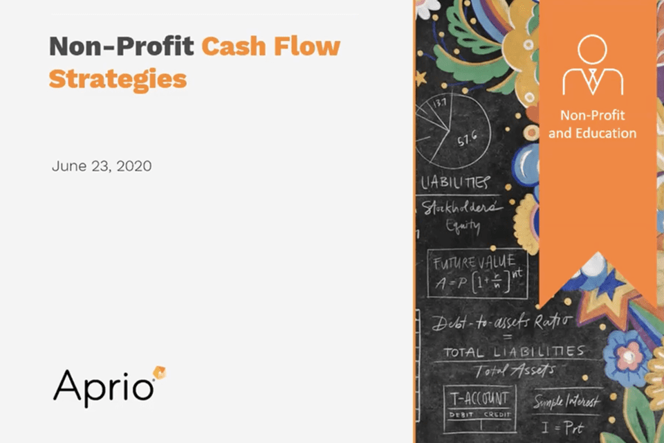 Slide titled Non-Profit Cash Flow Strategies dated June 23, 2020, with Aprio logo, chalkboard drawings, and an orange banner labeled Non-Profit and Education.