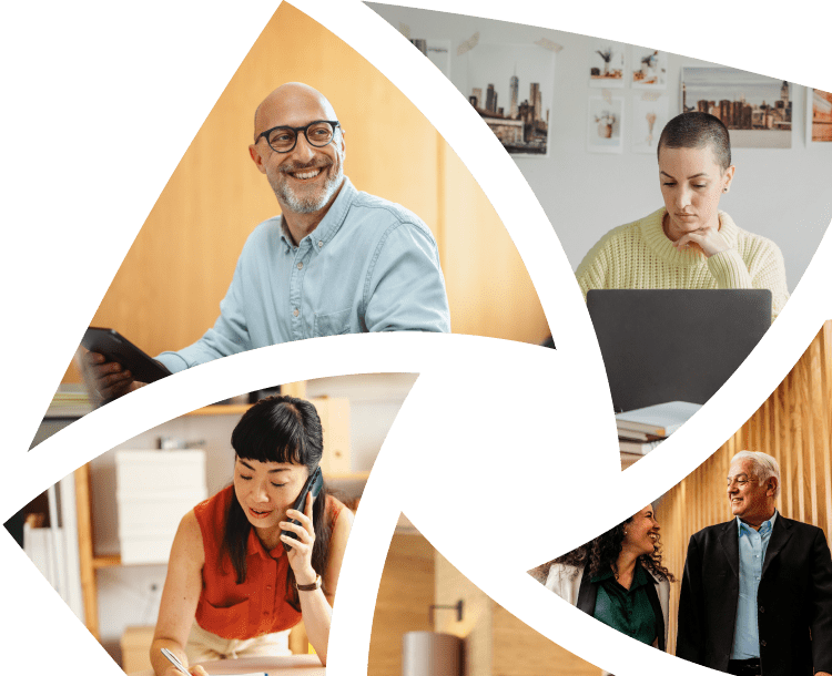 Collage of four adults: a man smiling with a tablet, a woman working on a laptop, a woman on the phone with a notebook, and two people conversing in a hallway.